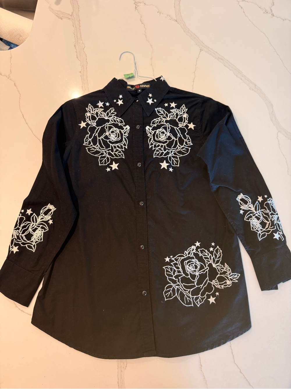 Cowboy Embroidered Rose Button-Down Shirt - Black